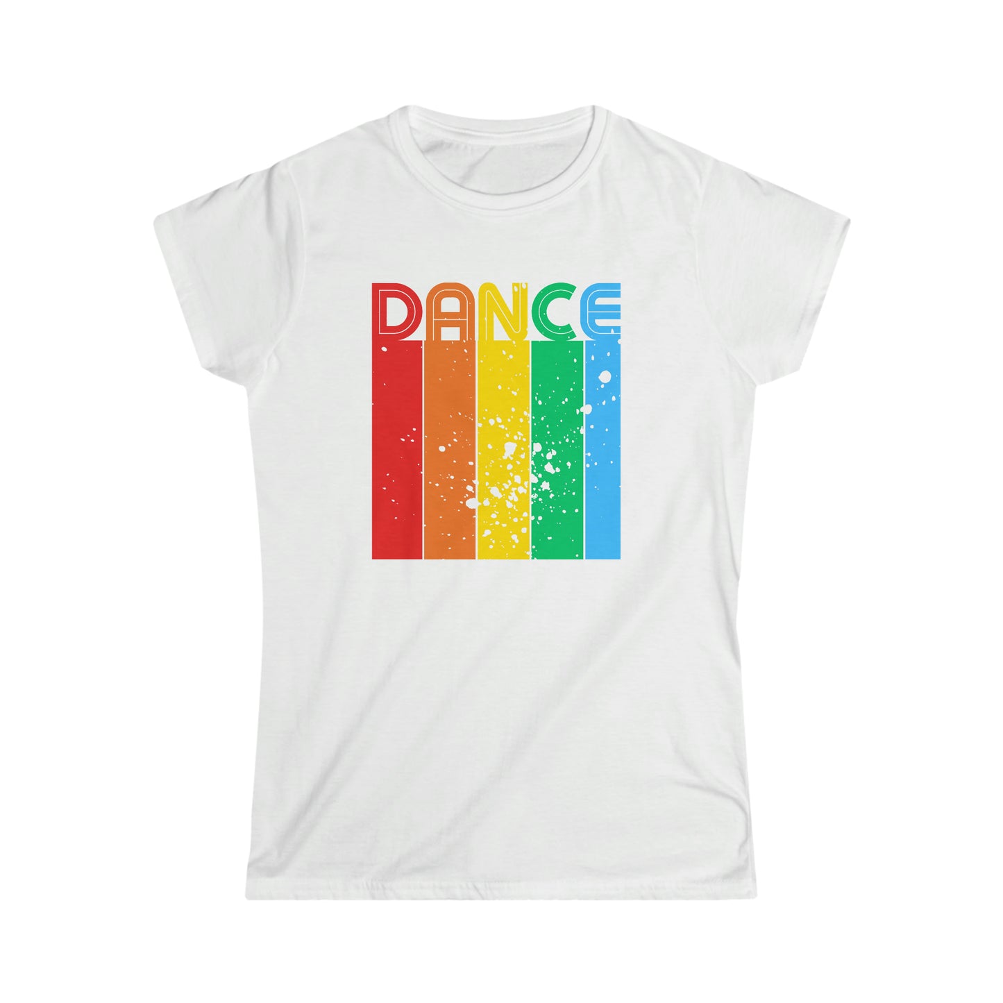 A dance tshirt with the text "Dance". Each letter has a unique color and sits on top of a column with the same color