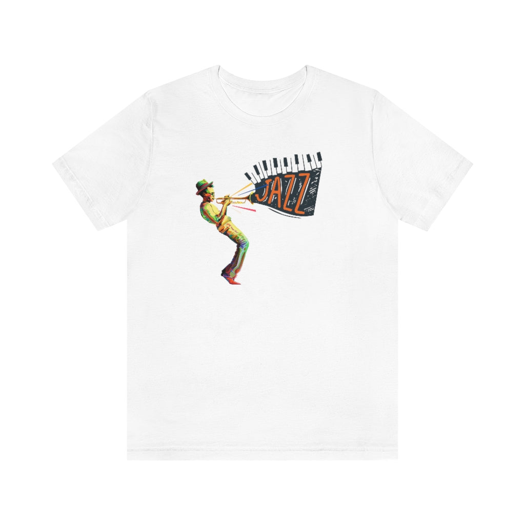 A jazz music tshirt with the text "Jazz" coming out from a trumpet players instrument. The trumpet player is colored in vivid colors