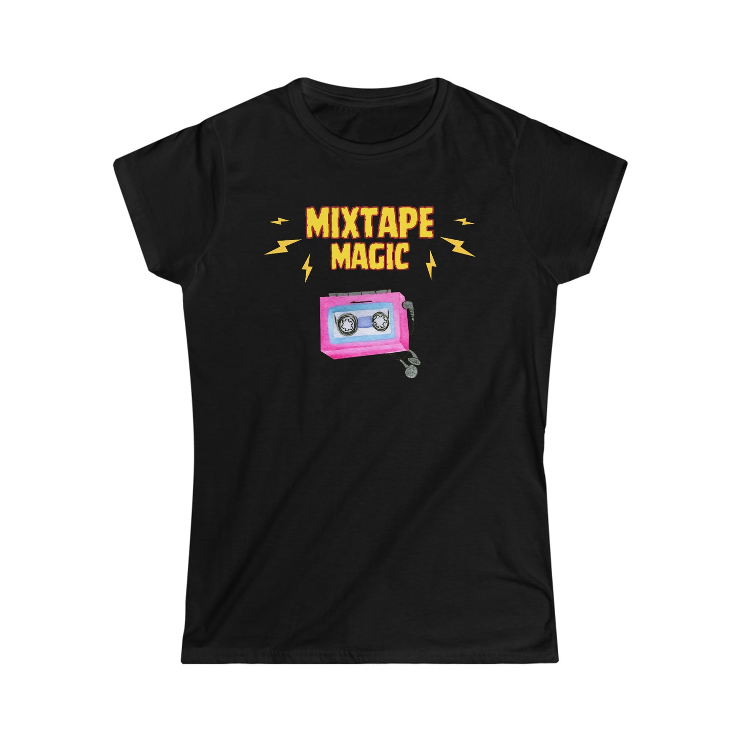 A T-shirt with the text "Mixtape magic" and a picture of a cassette player with headphones