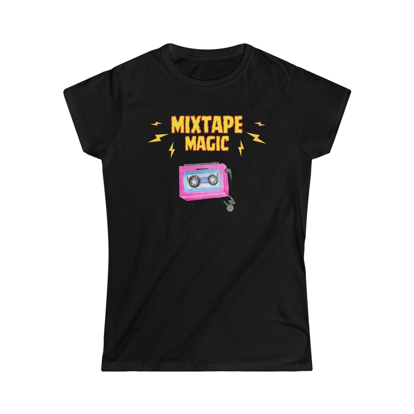 A retro music tshirt with the text "Mixtape magic" and a picture of a cassette player with headphones