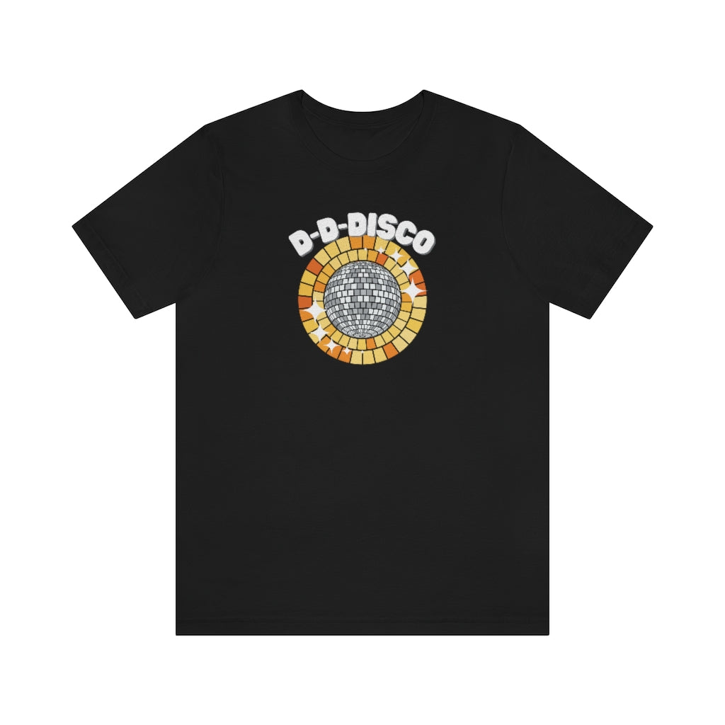 A black T-shirt with a shining disco ball and the text "d-d-disco"