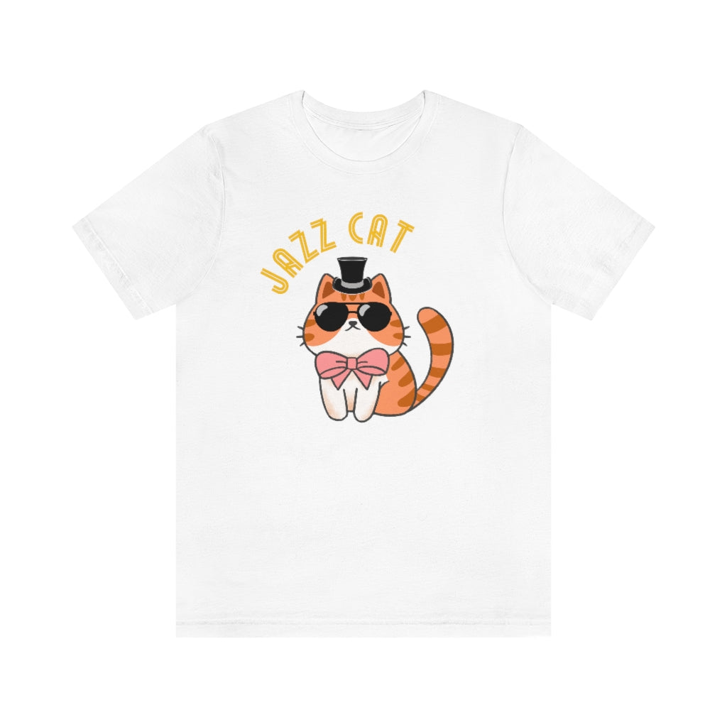 A white T-shirt with a really cool cat. It's wearing black sunglasses, a top hat and a pink bowtie. Above it is the text "Jazz cat" in a very retro font.