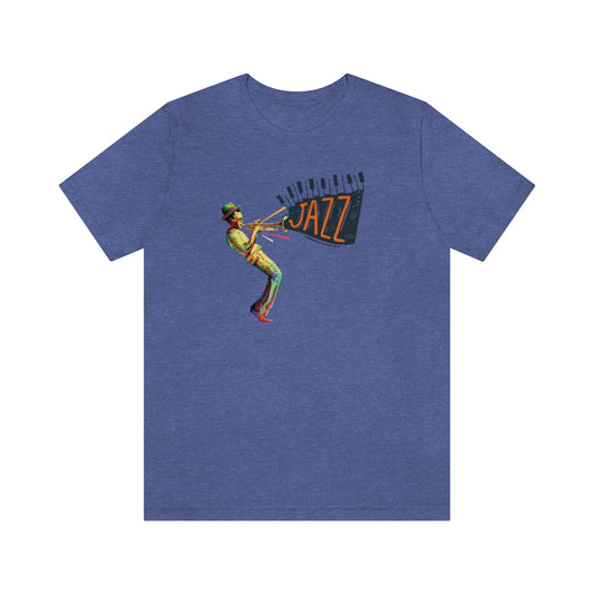A jazz music tshirt with the text "Jazz" coming out from a trumpet players instrument. The trumpet player is colored in vivid colors