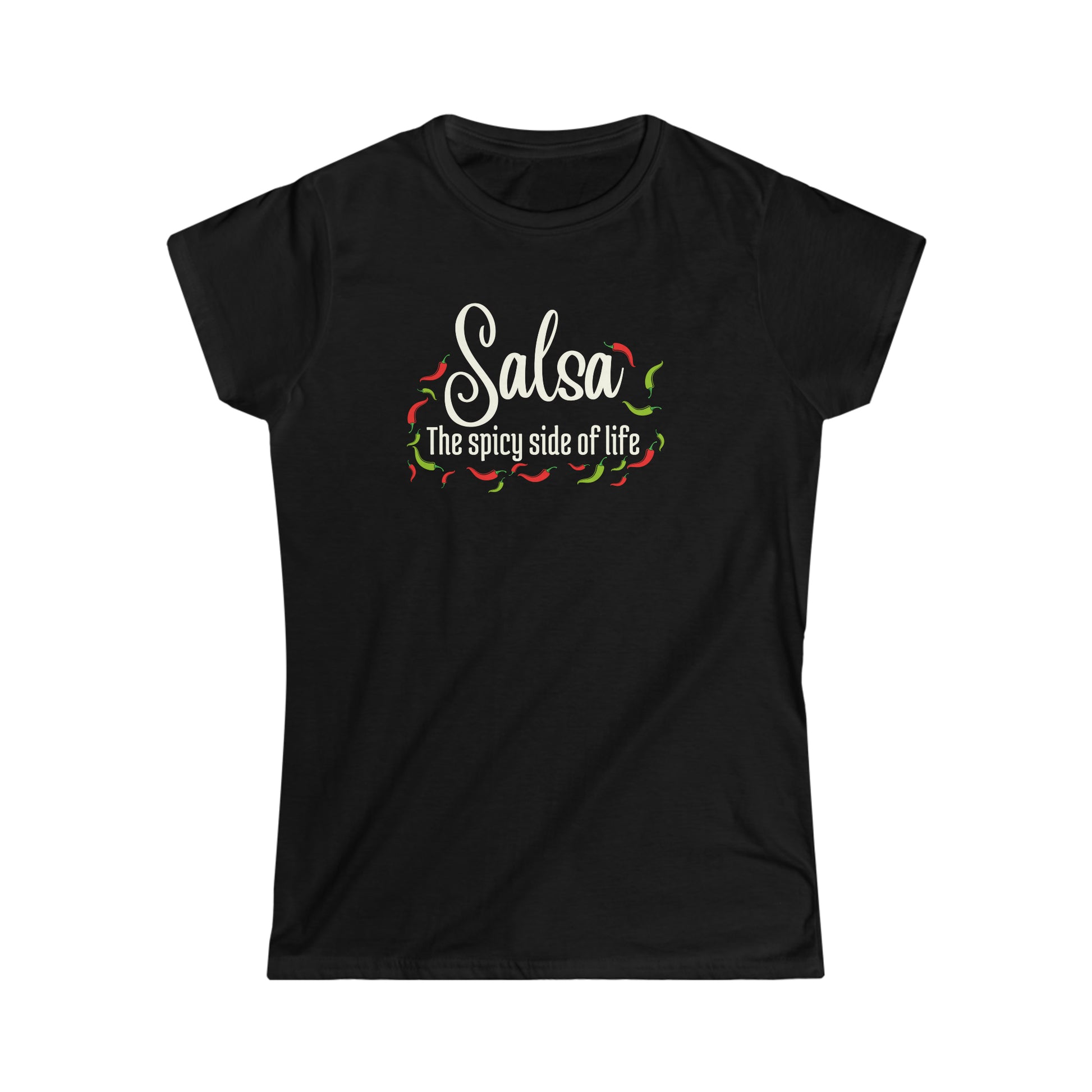 A salsa dance tshirt for salsa dancers with the text "Salsa the spicy side of life" and lots of pictures of small chilis surrounding it