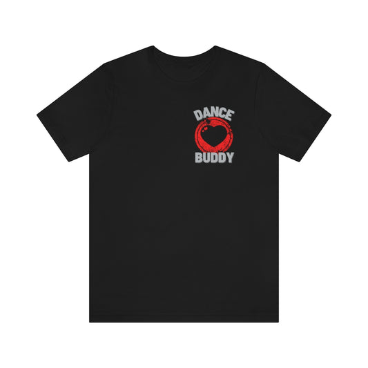 A black t-shirt with a heart on the left side of the torso with the text "dance buddy"