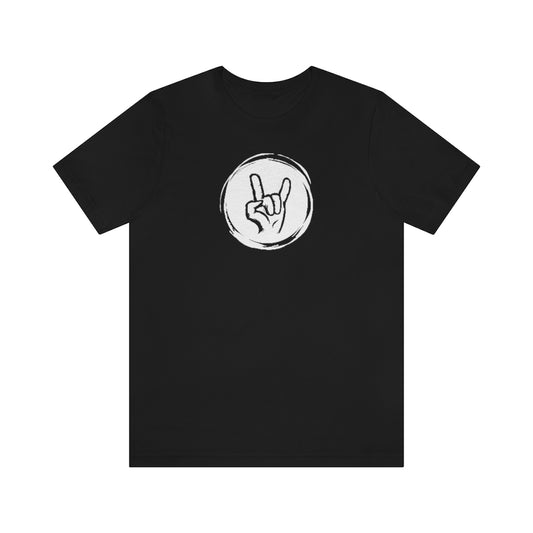 A black T-shirt with a bright circle and in the middle of it is a hand doing the "rock" sign.