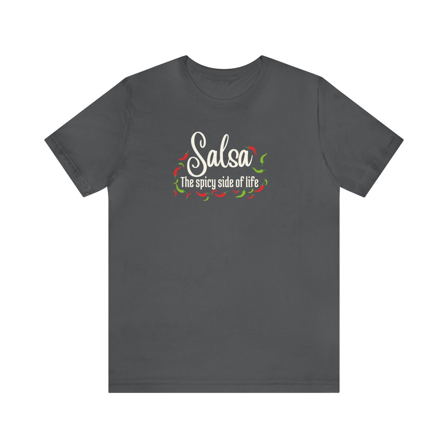 A salsa dance tshirt for salsa dancers with the text "Salsa the spicy side of life" and lots of pictures of small chilis surrounding it