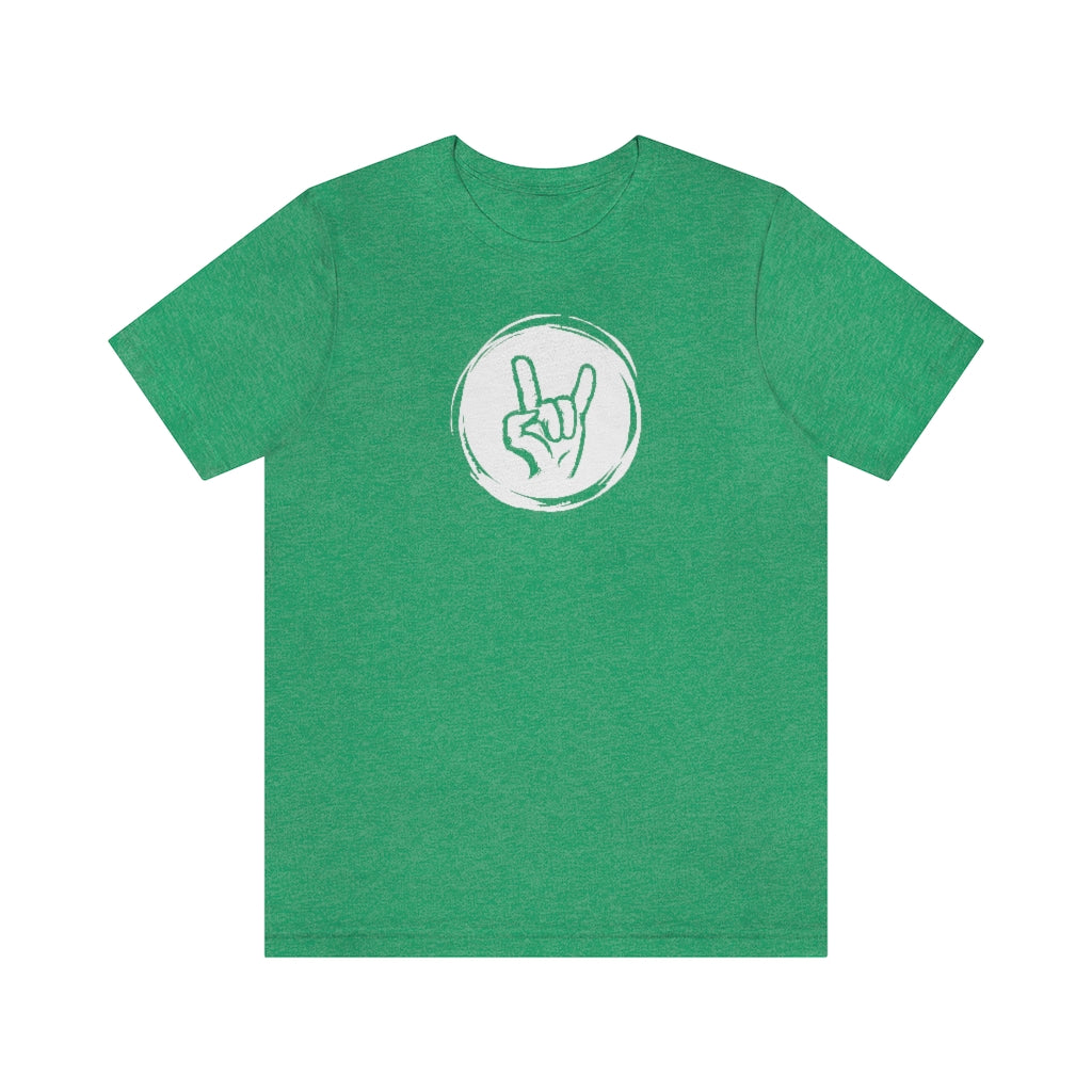 A green T-shirt with a bright circle and in the middle of it is a hand doing the "rock" sign.