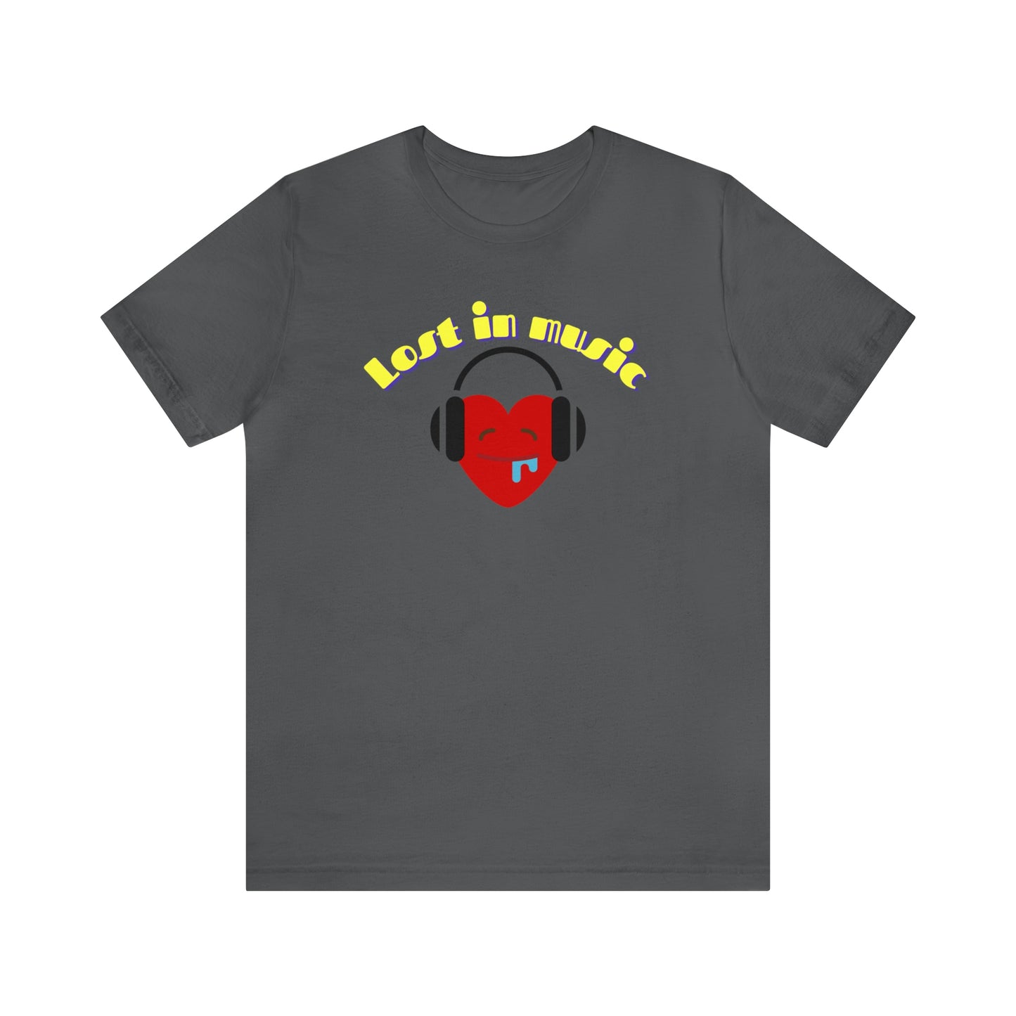A T-shirt with the text "Lost in music" and a picture of a cartoon heart drooling while it's listening to music on its headphones