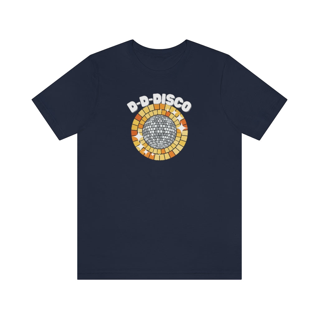 A blue T-shirt with a shining disco ball and the text "d-d-disco"
