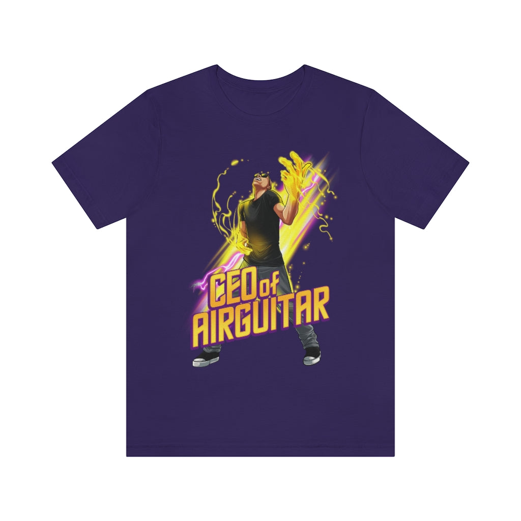 A purple T-shirt with the text "CEO of air guitar". It has an image of a male playing air guitar and creating magic.