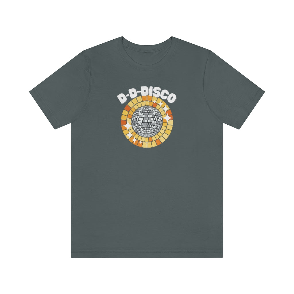A grey T-shirt with a shining disco ball and the text "d-d-disco"