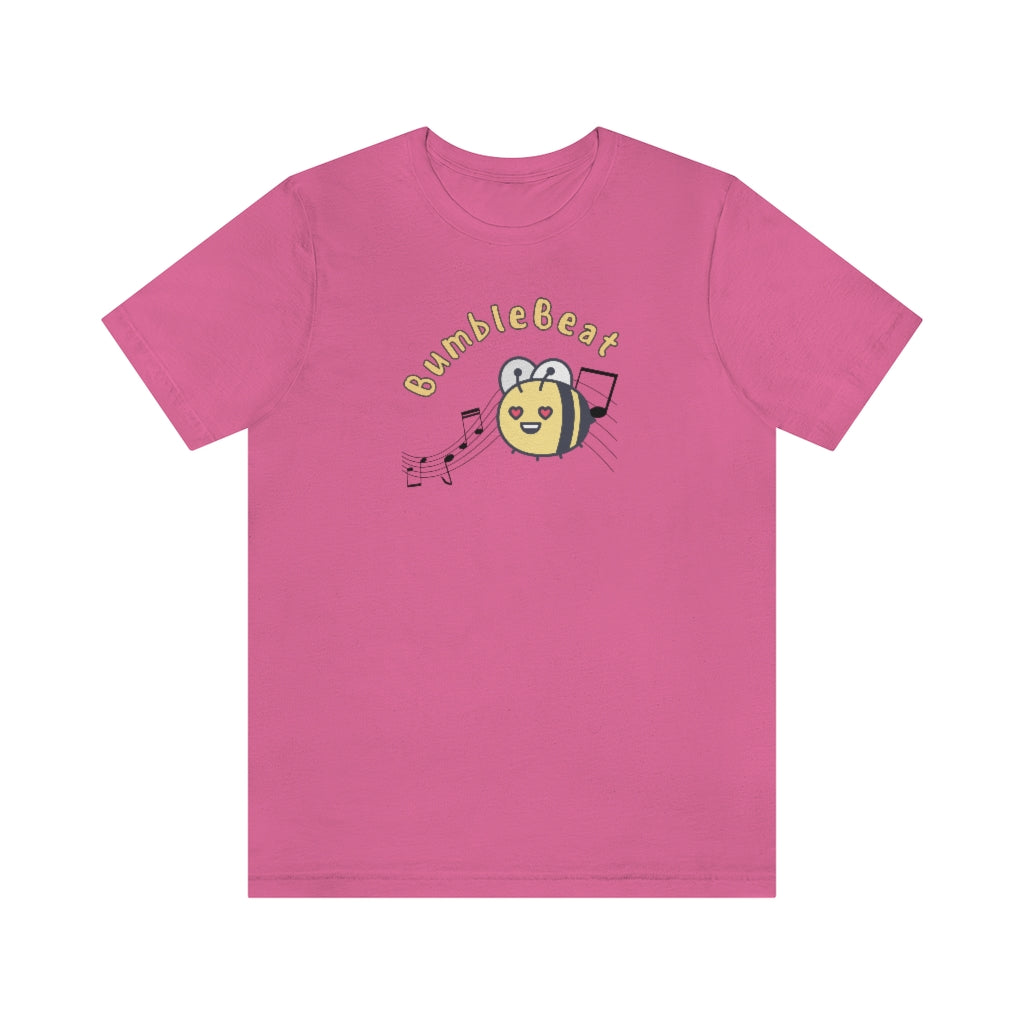 A pink T-shirt with the word "Bumblebeat" and a bumblebee with hearts for eyes who is following music notes.