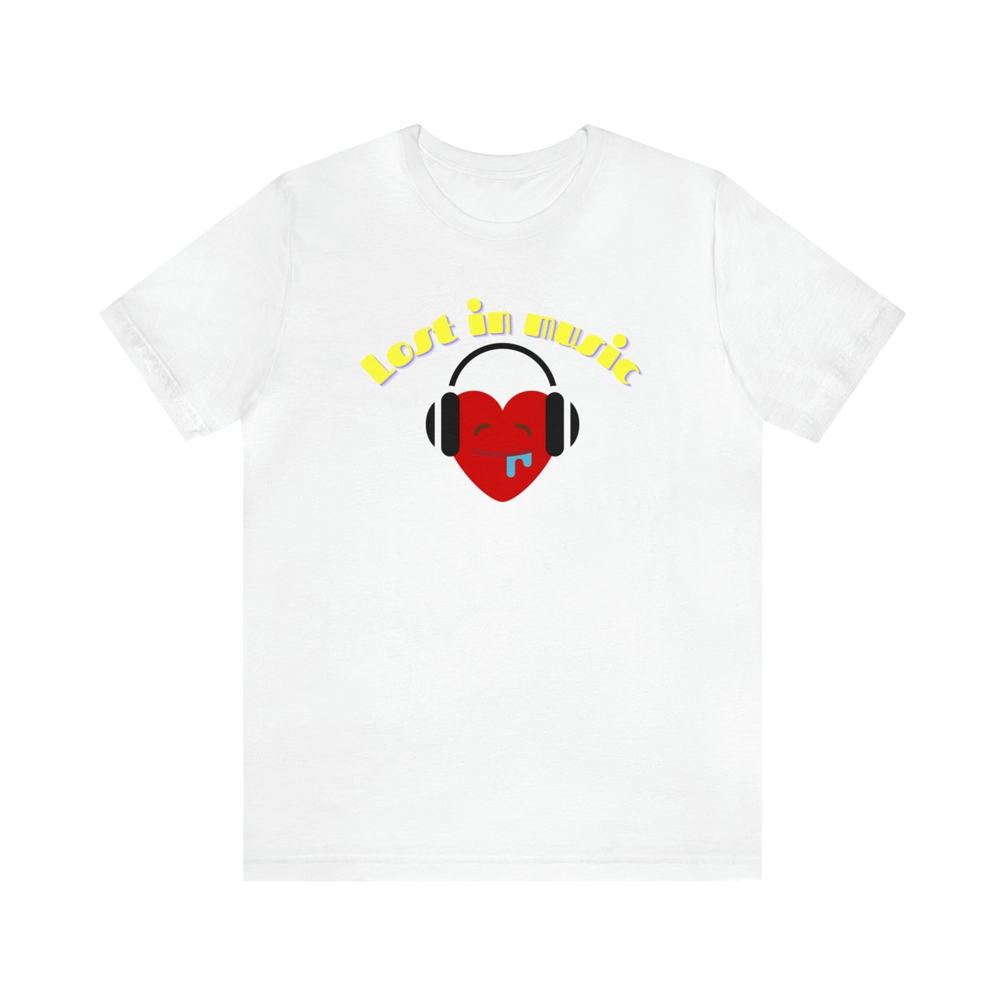 A music tshirt with the text "Lost in music" and a picture of a cartoon heart drooling while it's listening to music on its headphones