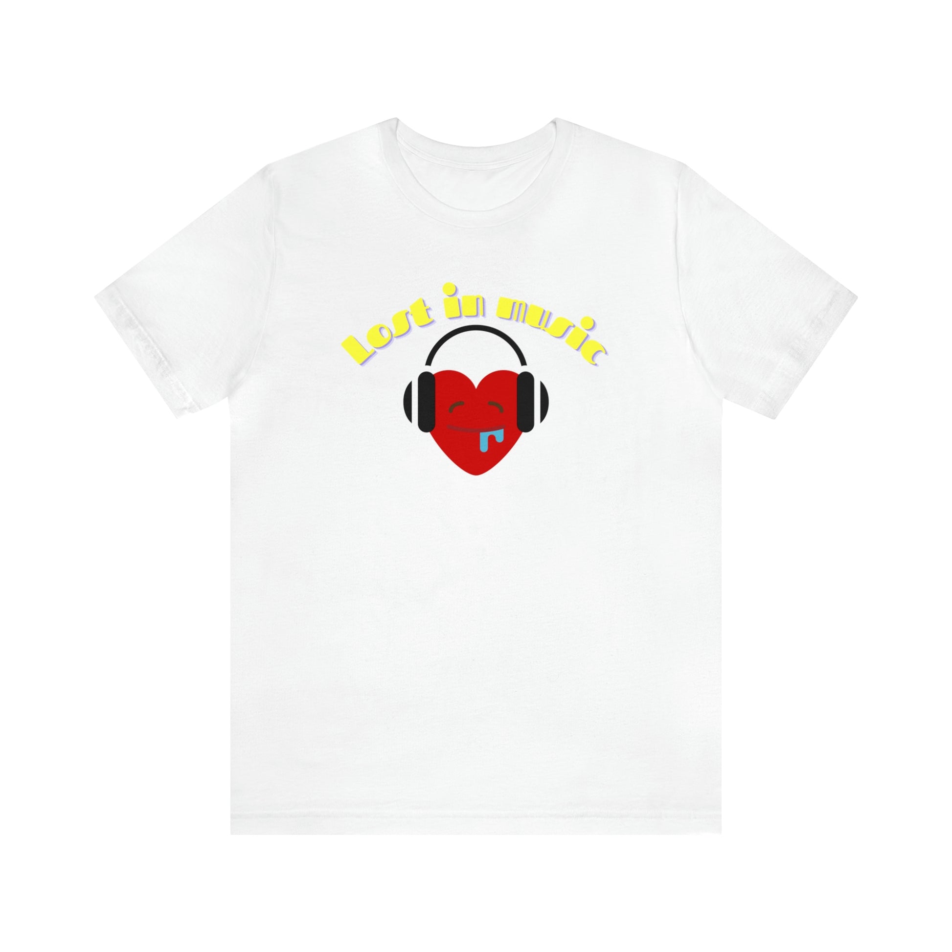 A music tshirt with the text "Lost in music" and a picture of a cartoon heart drooling while it's listening to music on its headphones