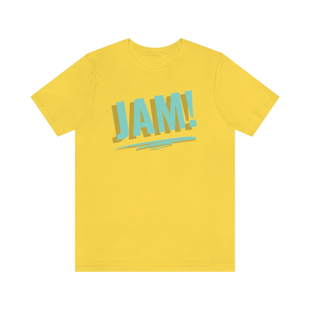 A yellow T-shirt with the text "JAM!" in cool and icy colors.