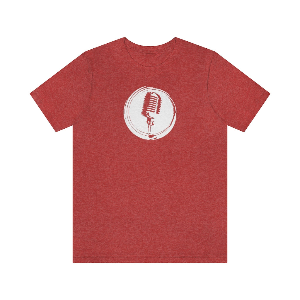 A red T-shirt with a vintage microphone on a retro stylized circle.