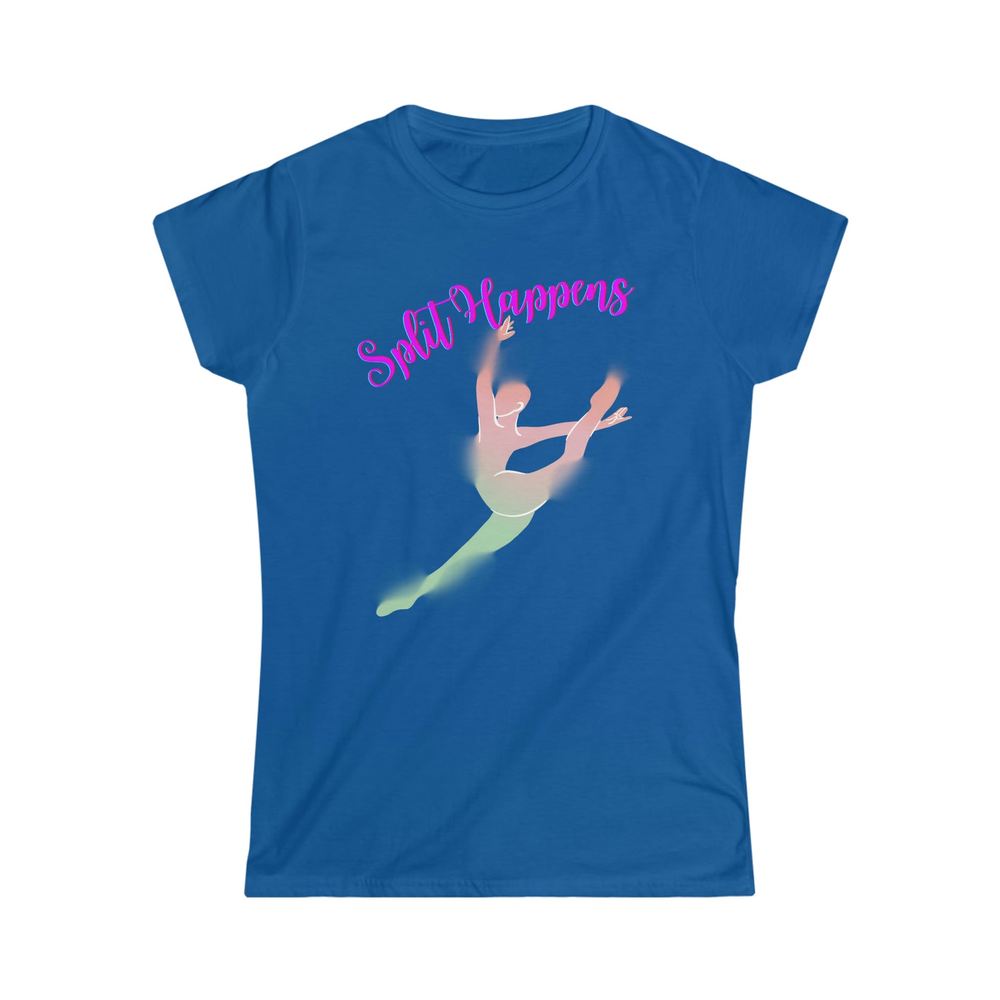 A ballet dance tshirt with the text "Split happens" and a picture of a ballerina doing the splits. The best of all dance t shirts for ballerinas!
