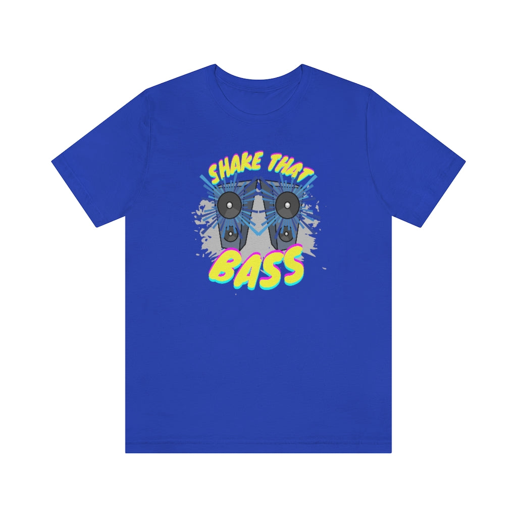A blue T-shirt with two large speakers on it which seem to play loud music. It has the text "Shake That Bass".