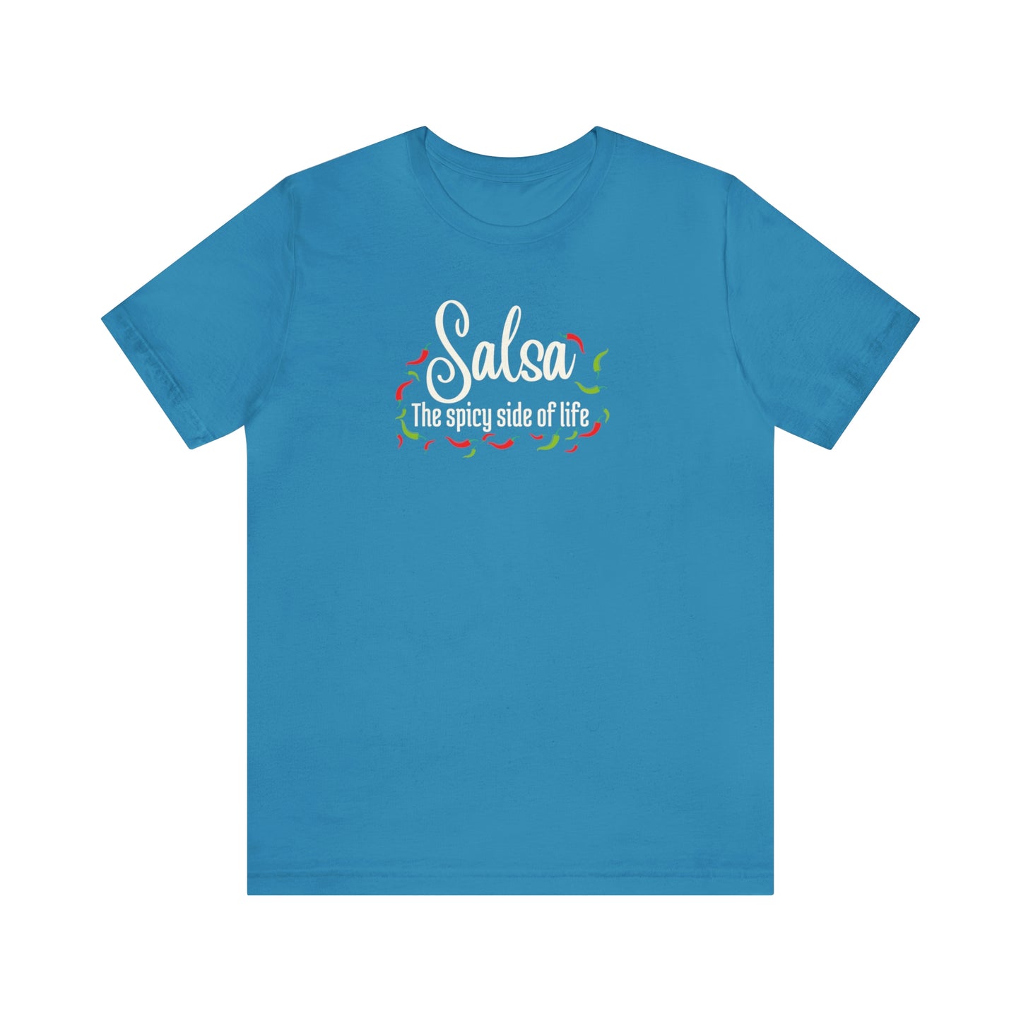 A T-shirt with the text "Salsa the spicy side of life" and lots of pictures of small chilis surrounding it