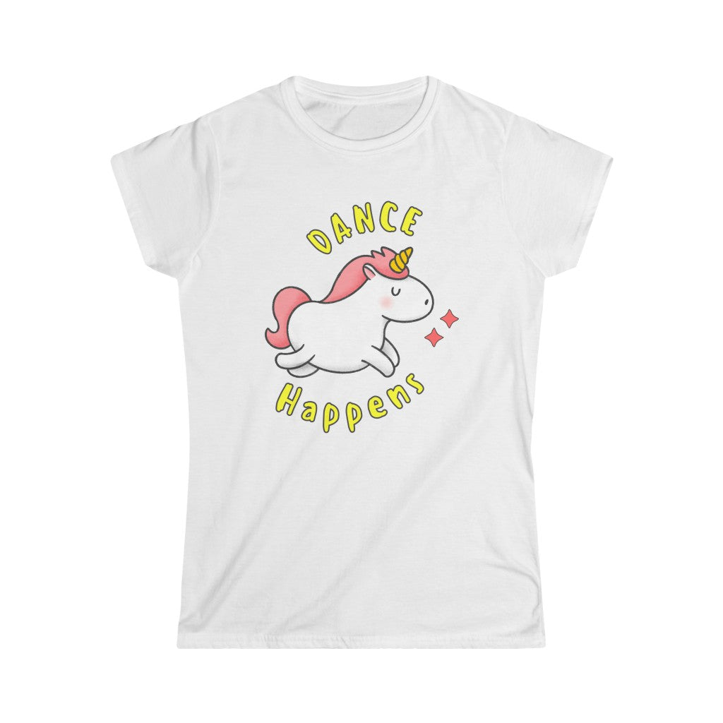 The funniest of dance tshirts with the text "dance happens" and a dancing unicorn. A comical dance t shirt for those who eat sleep dance repeat.