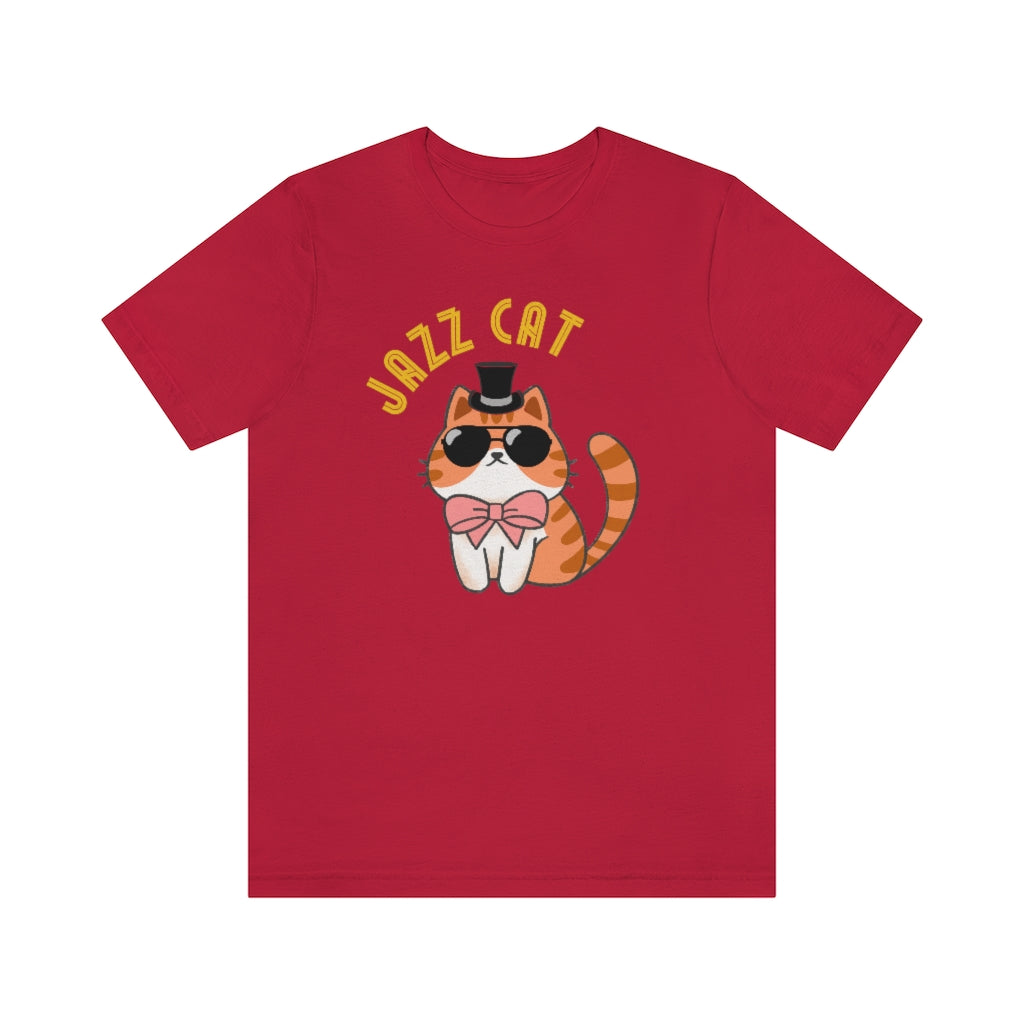 A red T-shirt with a really cool cat. It's wearing black sunglasses, a top hat and a pink bowtie. Above it is the text "Jazz cat" in a very retro font.