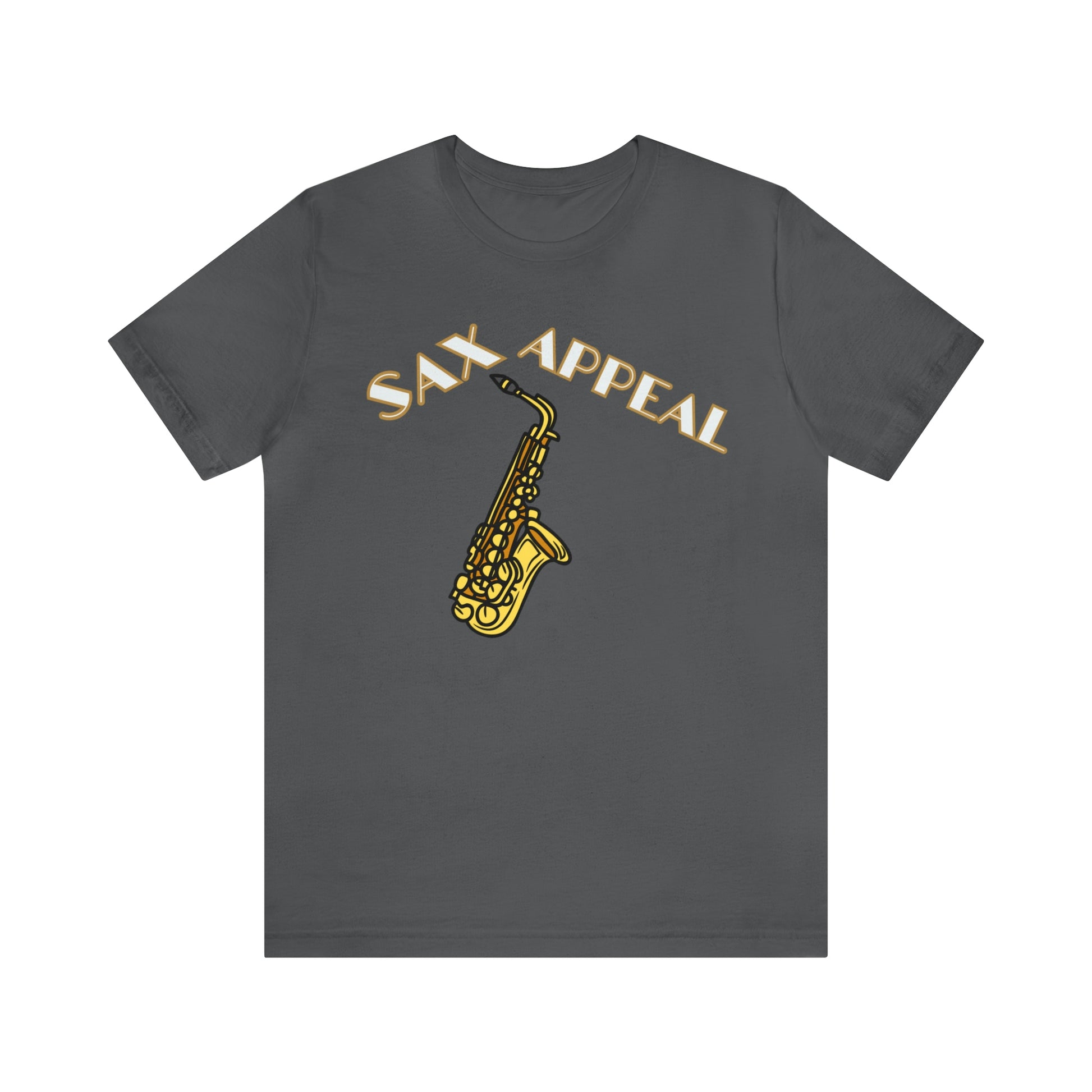 A music tshirt with the text "Sax appeal" with a retro font and a picture of saxophone. A funny jazz music tshirt!