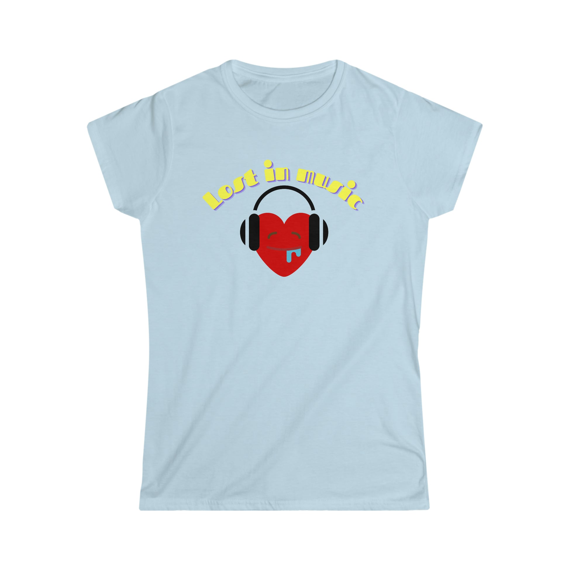 A music tshirt with the text "Lost in music" and a picture of a cartoon heart drooling while it's listening to music on its headphones