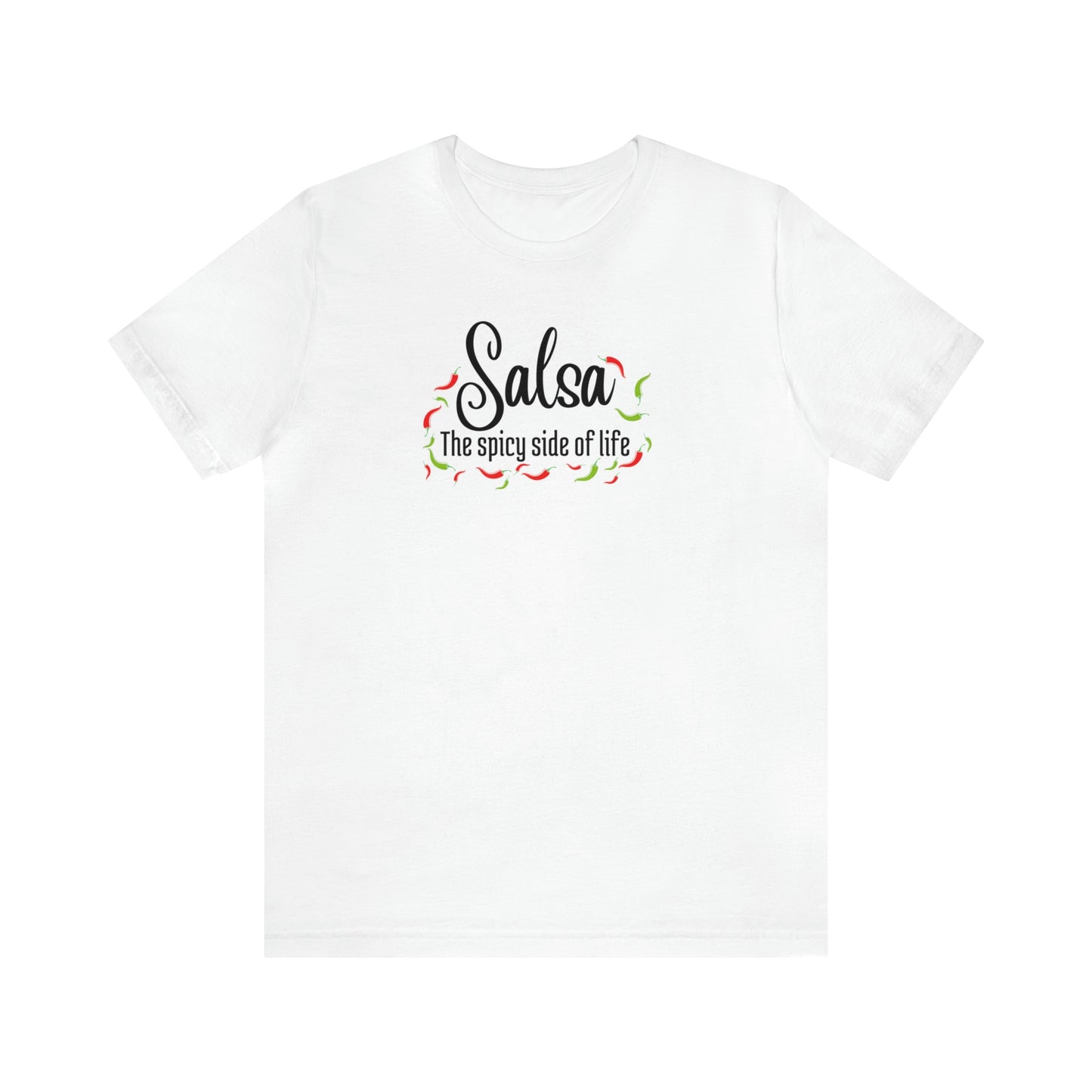 A salsa dance tshirt for salsa dancers with the text "Salsa the spicy side of life" and lots of pictures of small chilis surrounding it