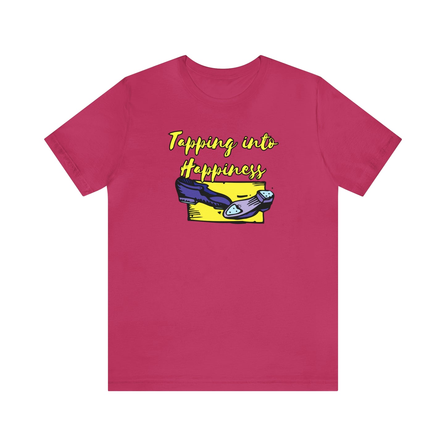 A T-shirt with the text "Tapping into happines" and a picture of tap dance shoes
