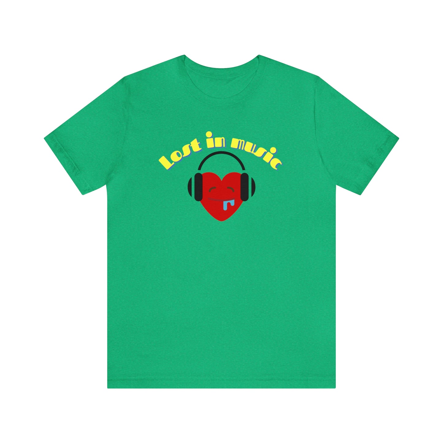 A music tshirt with the text "Lost in music" and a picture of a cartoon heart drooling while it's listening to music on its headphones