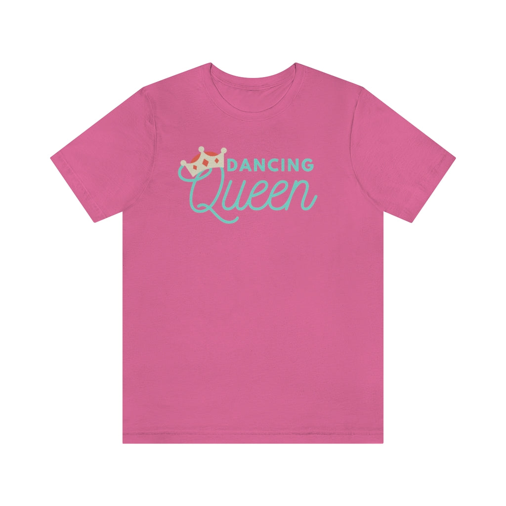 A pink T-shirt with the text "Dancing queen" and the letter Q is wearing a royal crown.