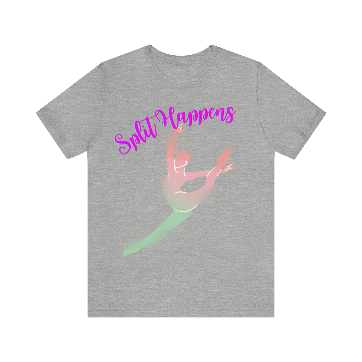 A ballet dance tshirt with the text "Split happens" and a picture of a ballerina doing the splits. The best of all dance t shirts for ballerinas!