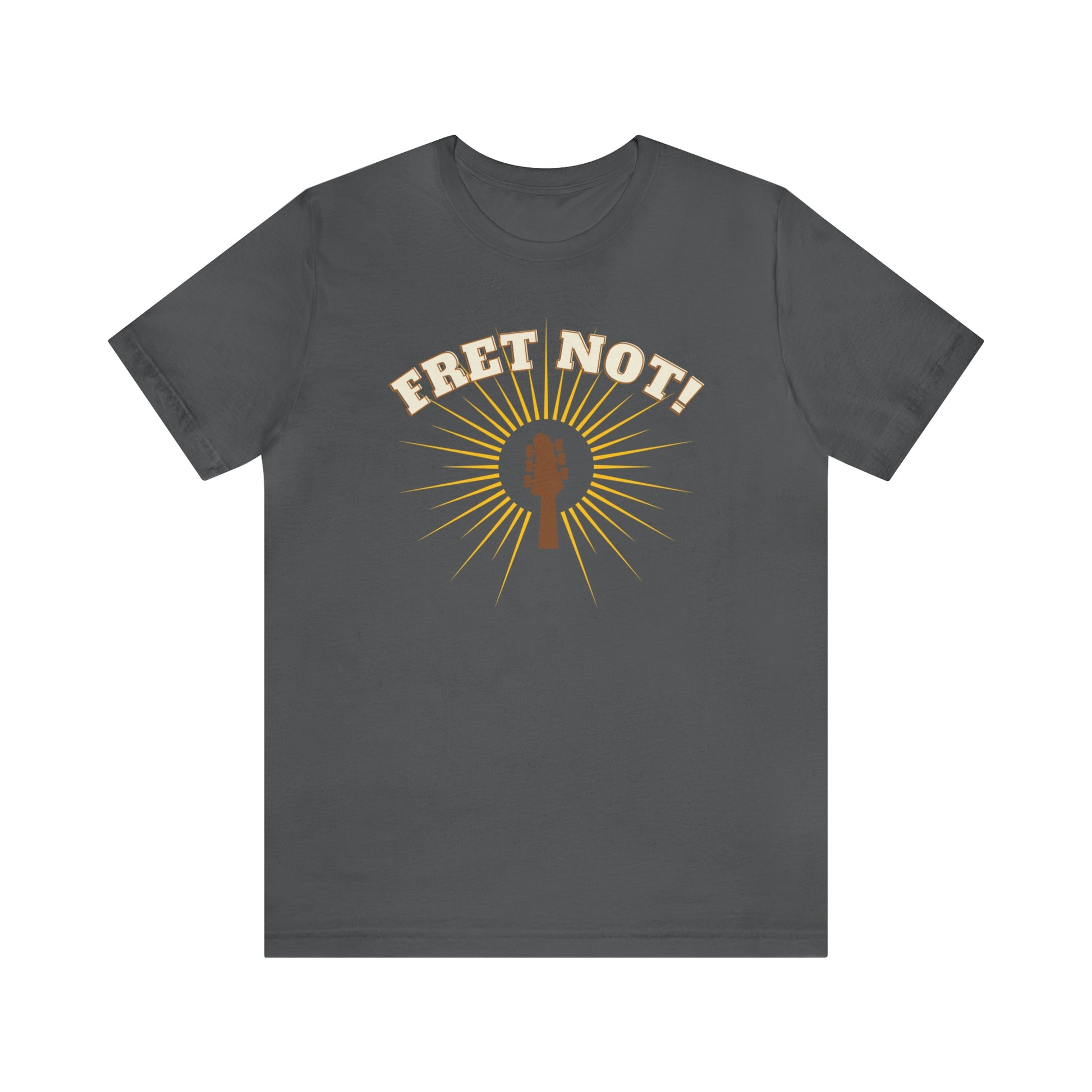 A T-shirt with the text "Fret not" and a picture of a guitar with a halo surrounding it