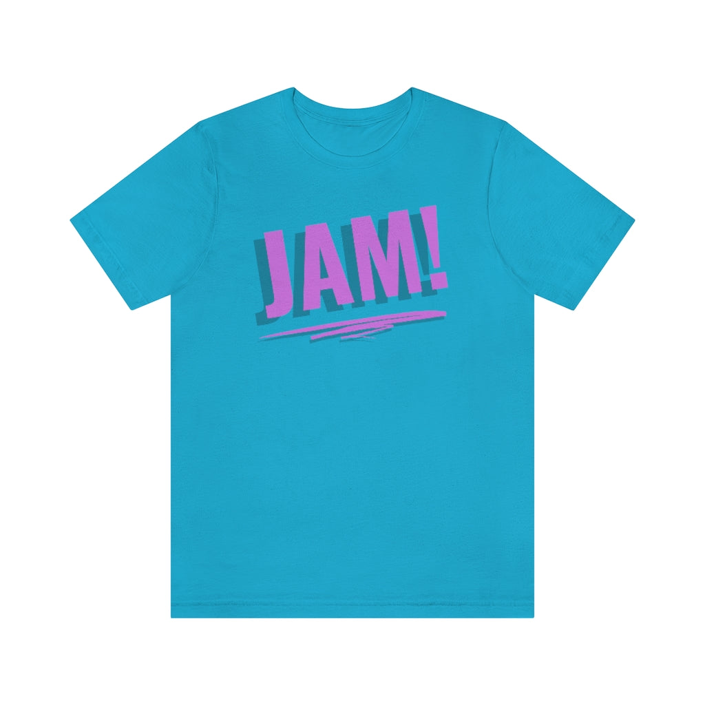 A blue T-shirt with the text "JAM!" in cool and icy colors.