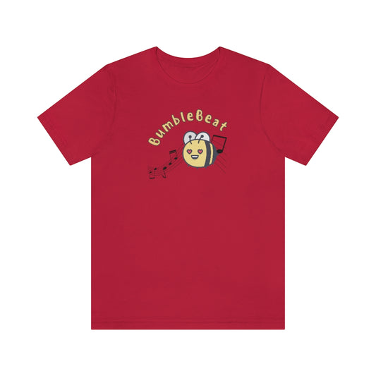 A red T-shirt with the word "Bumblebeat" and a bumblebee with hearts for eyes who is following music notes.