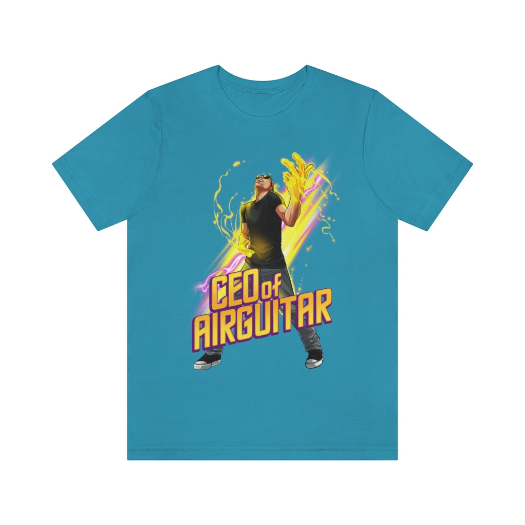 A bright blue T-shirt with the text "CEO of air guitar". It has an image of a male playing air guitar and creating magic.