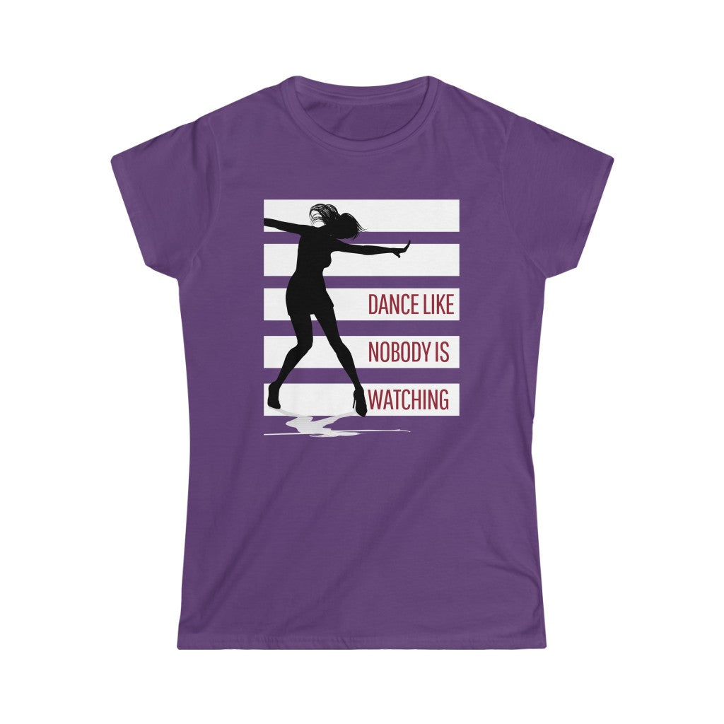 A dance t shirt with white stripes and a dancer in silhouette. It has the text "dance like nobody is watching". The perfect dancing queen  t shirt for the ones who only eat sleep dance repeat.