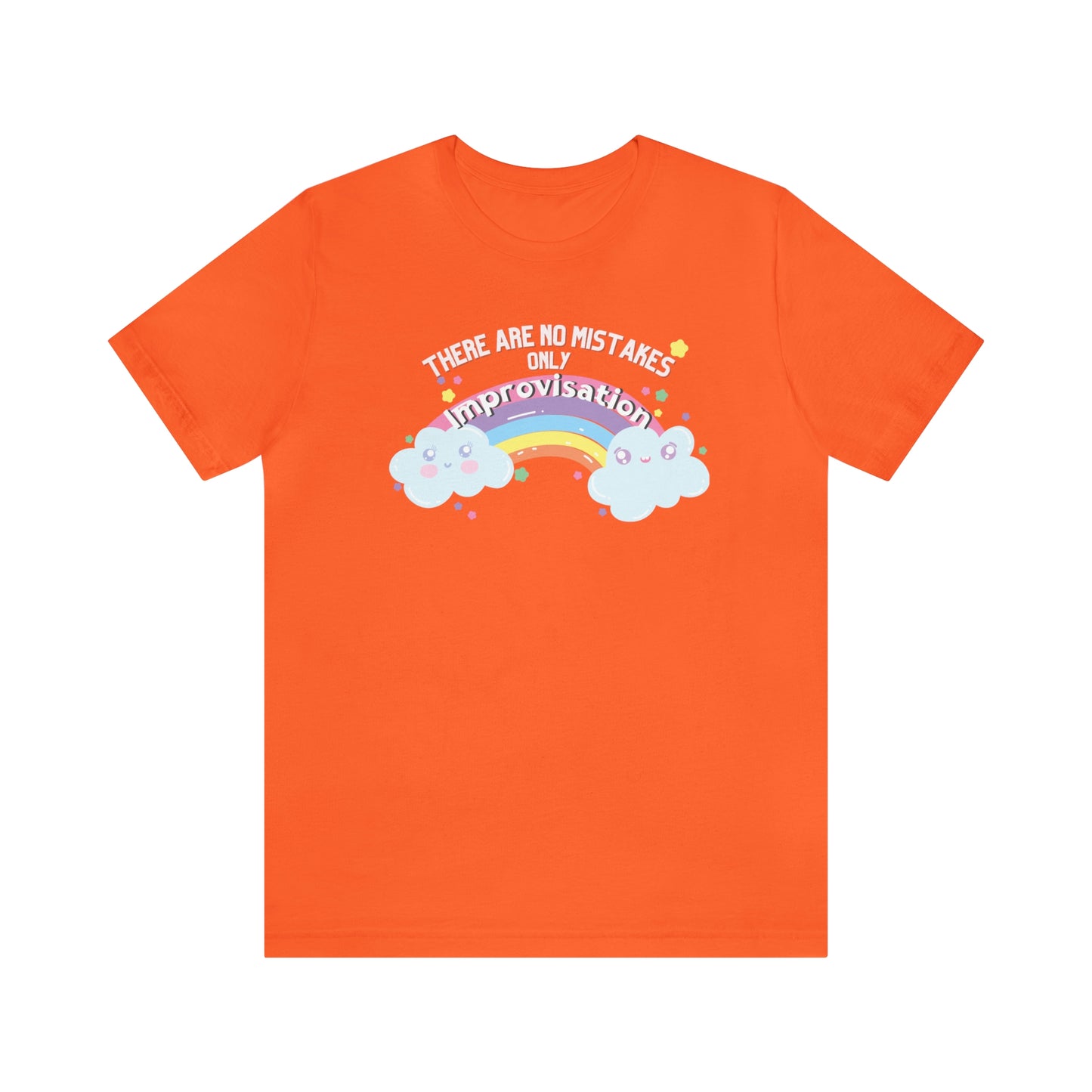Funny dance tshirt with the text "there are no mistakes only improvisation" and two happy clouds connected by a rainbow