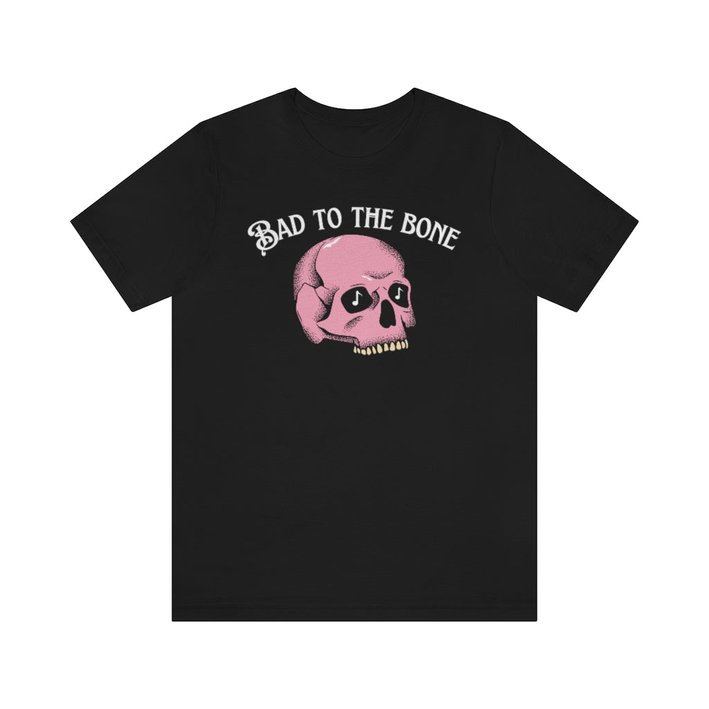 A rock tshirt with the text "bad to the bone". For lovers of classic rock and needing a rock tshirt.