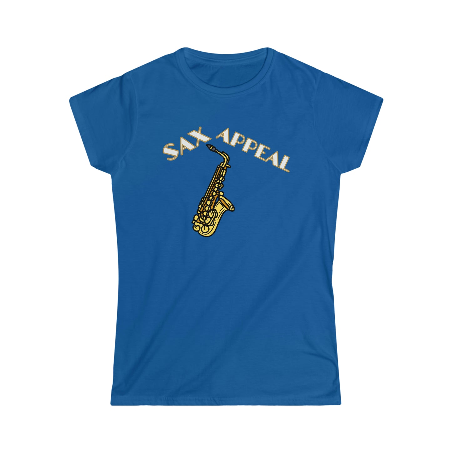 A music tshirt with the text "Sax appeal" with a retro font and a picture of saxophone. A funny jazz music tshirt!