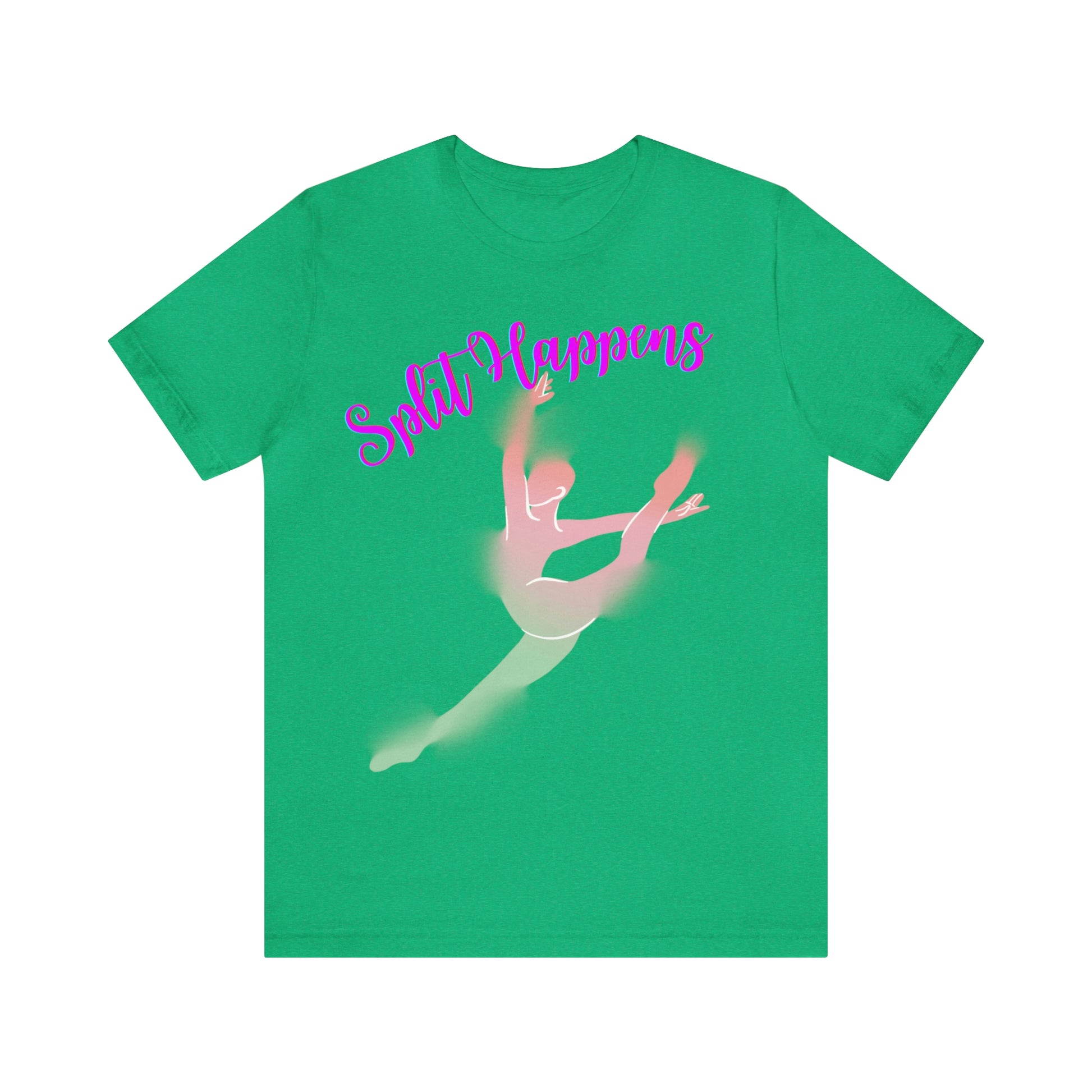 A T-shirt with the text "Split happens" and a picture of a ballerina doing the splits