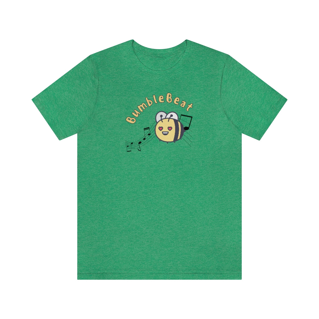 A green T-shirt with the word "Bumblebeat" and a bumblebee with hearts for eyes who is following music notes.