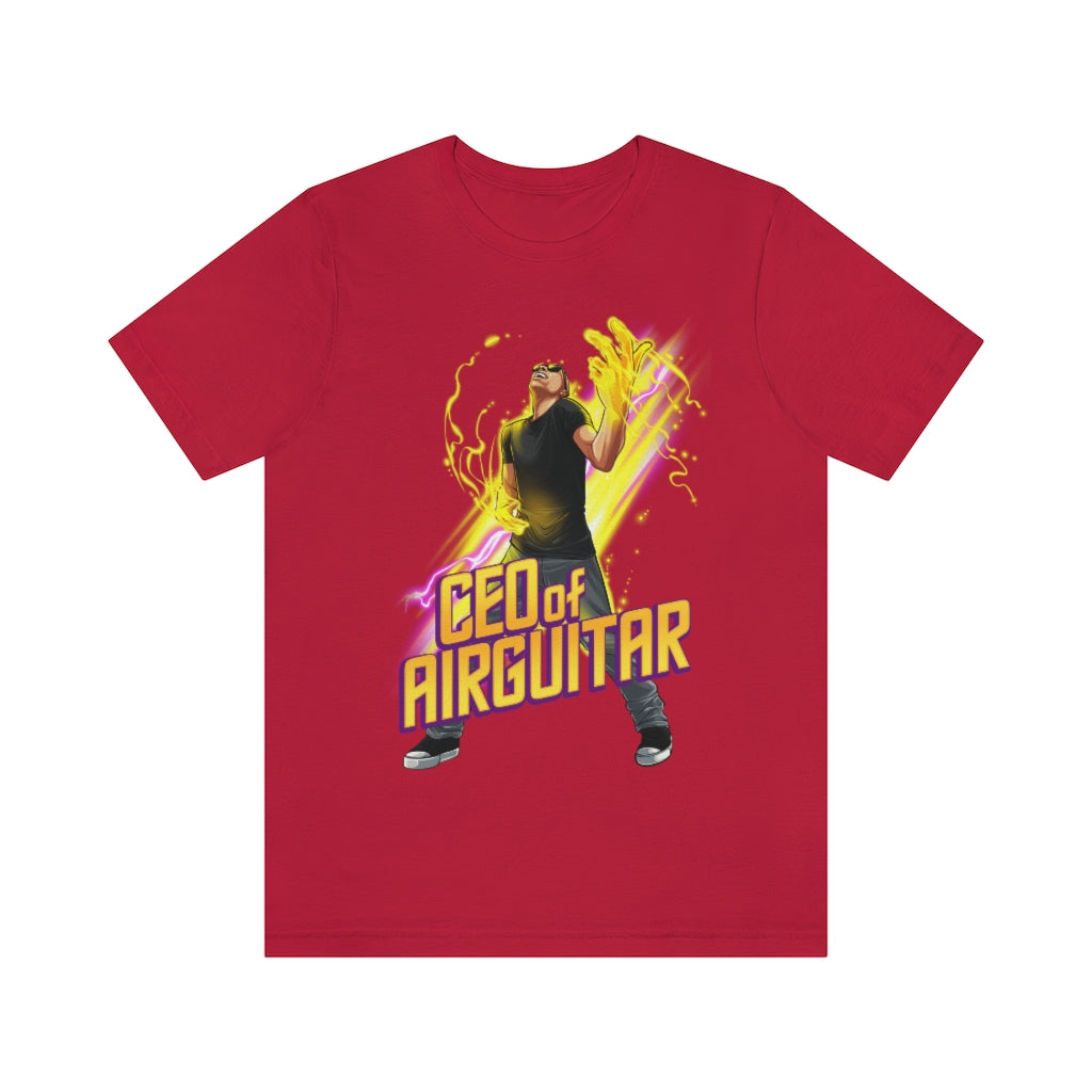 A red T-shirt with the text "CEO of air guitar". It has an image of a male playing air guitar and creating magic.