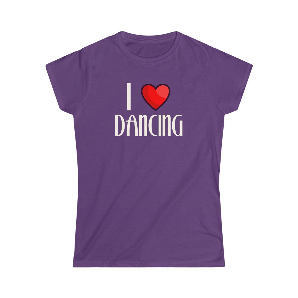 A T-shirt with the text "I love dancing" but instead of the word "love" it has a a heart.