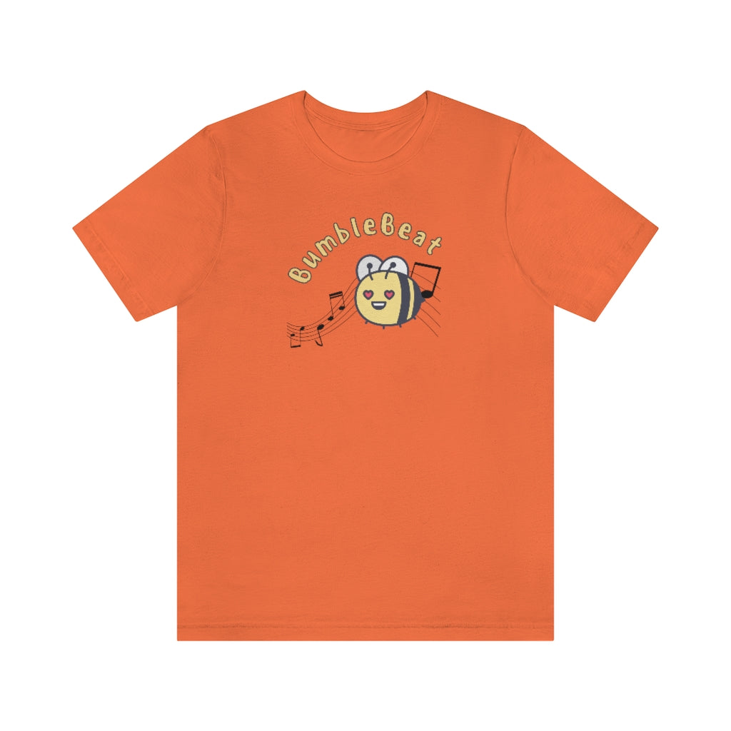 An orange T-shirt with the word "Bumblebeat" and a bumblebee with hearts for eyes who is following music notes.