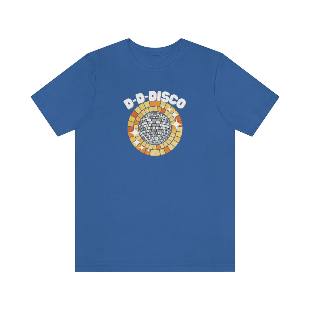A light blue T-shirt with a shining disco ball and the text "d-d-disco"