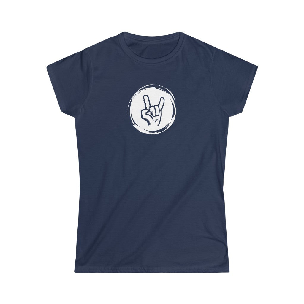 A rock tshirt with the graphics of a hand doing the rock sign "Sign of the horns"