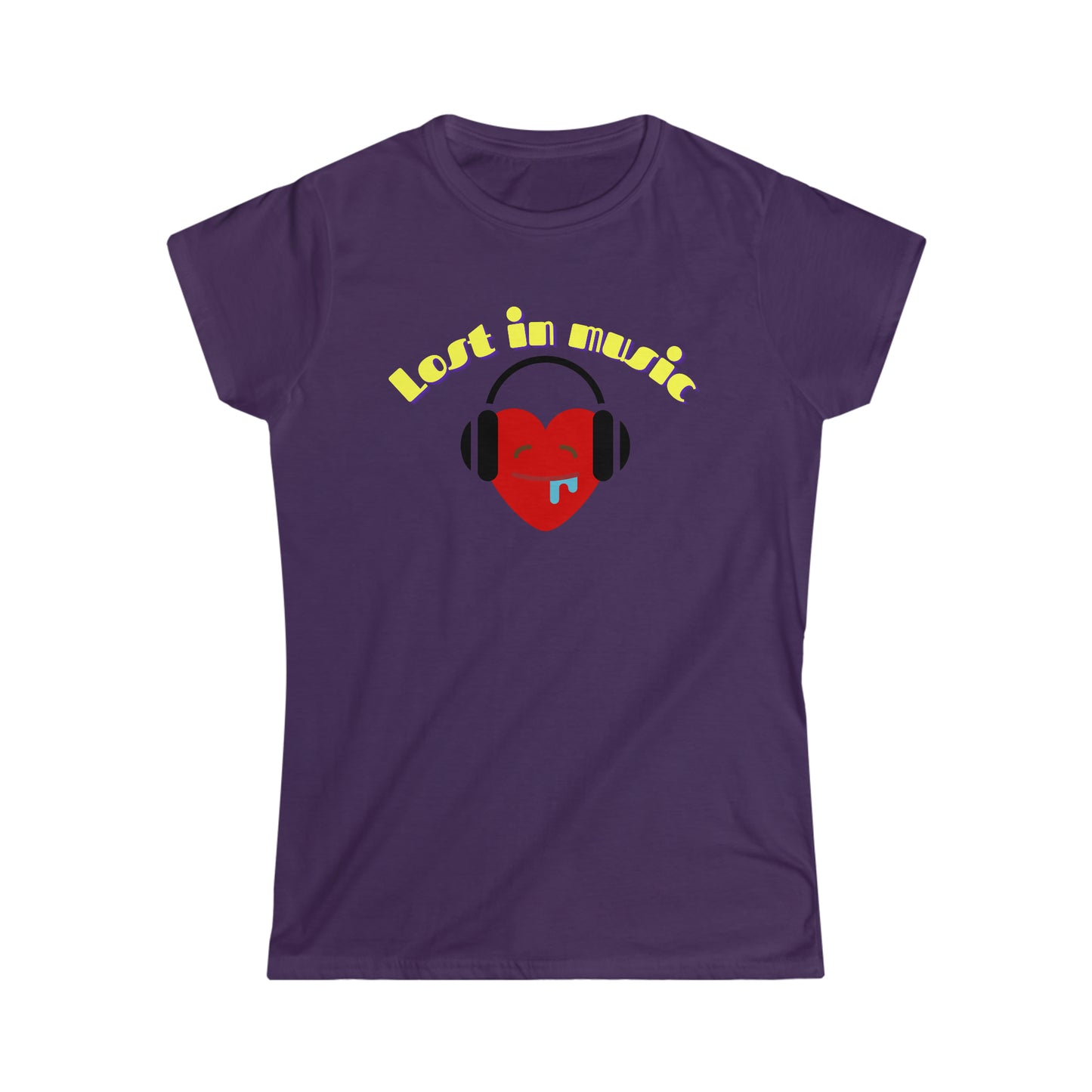 A music tshirt with the text "Lost in music" and a picture of a cartoon heart drooling while it's listening to music on its headphones