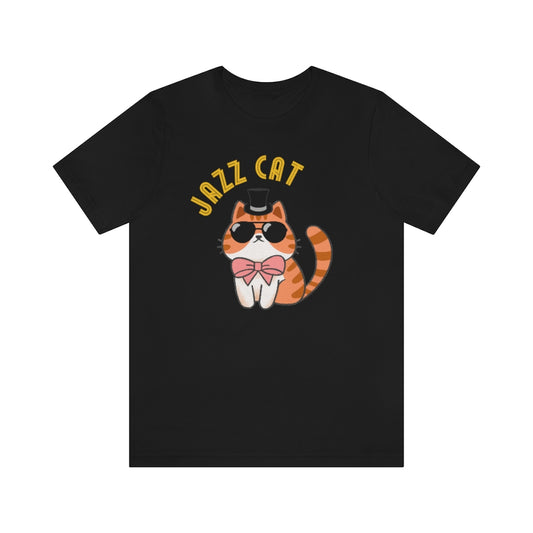 A black T-shirt with a really cool cat. It's wearing black sunglasses, a top hat and a pink bowtie. Above it is the text "Jazz cat" in a very retro font.